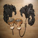 Pair of candle wall sconces with genuine carved wood and embossed steel strips, top