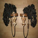 Pair of candle wall sconces with genuine carved wood and embossed steel strips, front